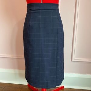 Uniqlo Pencil Skirt, Plaid Navy/White Print, Midi, Pockets, Faux Wrap, XS